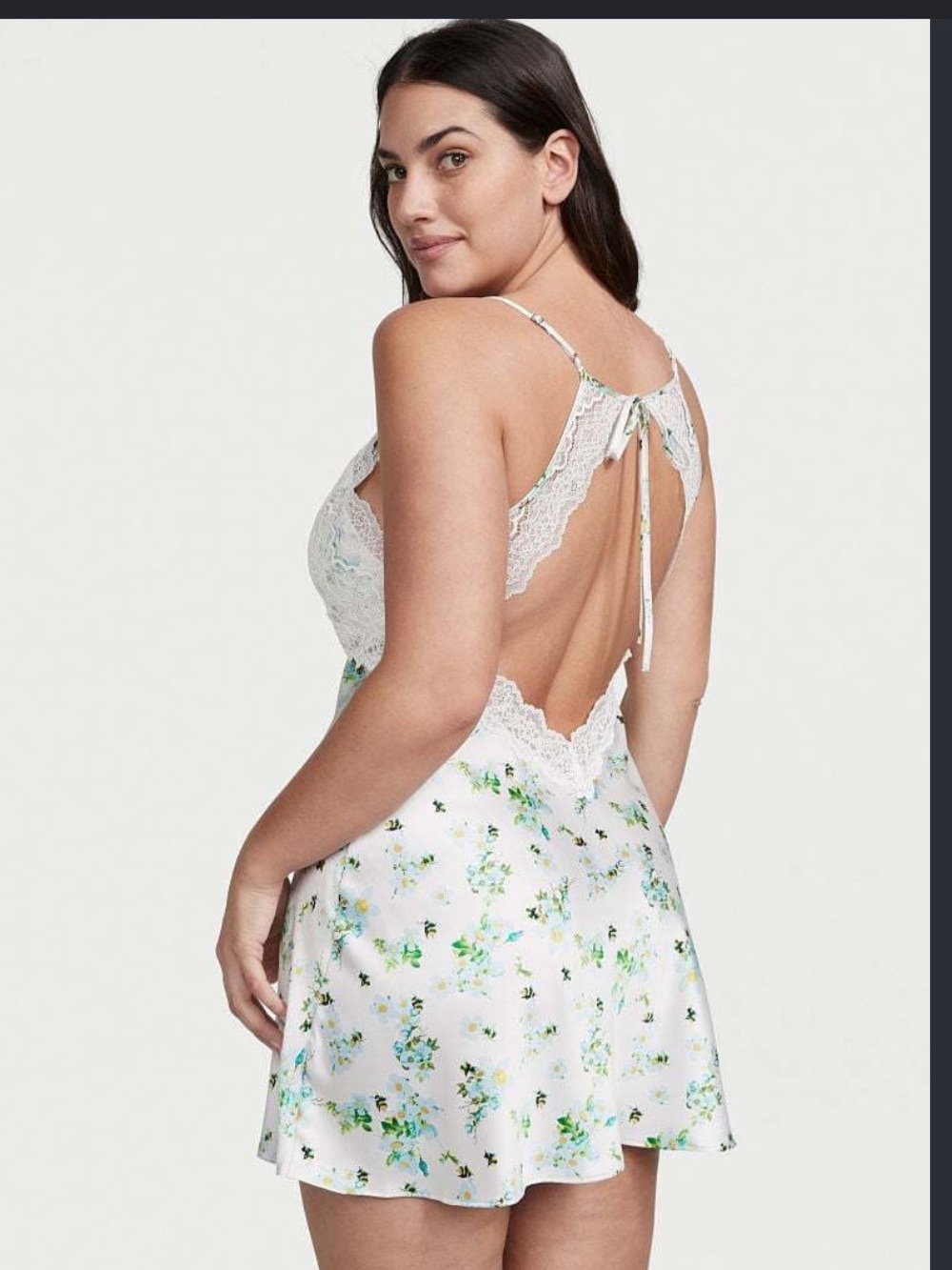 Victoria's Secret White Floral Lace-Trim Slip with Blue & Green Accents